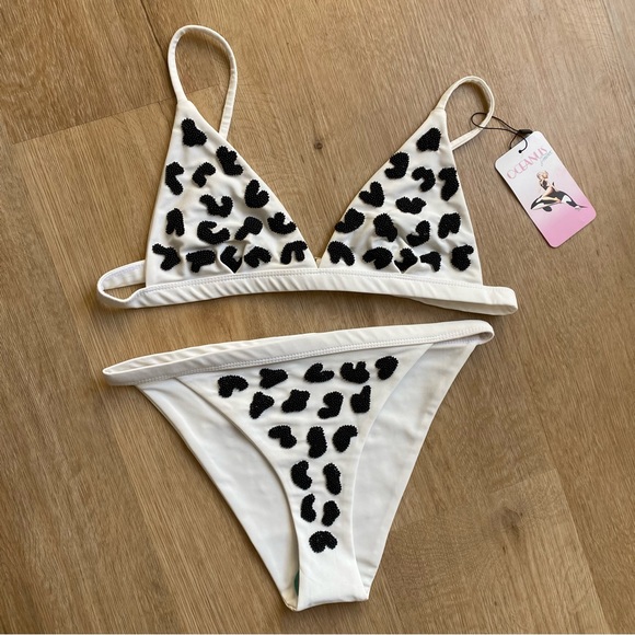 New Oceanus 2pc Bikini Swimsuit White Black Hand Beaded Animal Print Sz M